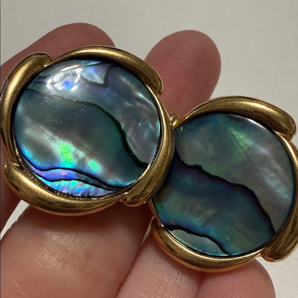 Gold-Frame Abalone Shell Stud Clip on Earrings - Picture 5 of 14
